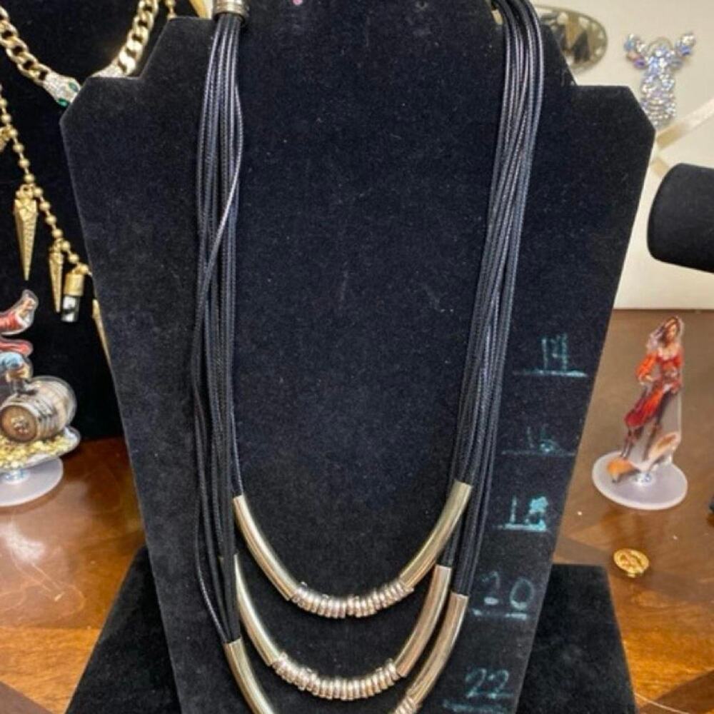 Black leather tassel necklace with
